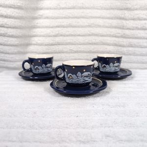 Waechtersbach Demitasse Cup Saucer Set of 3 Winter Dreams Cobalt Blue Gold Vtg